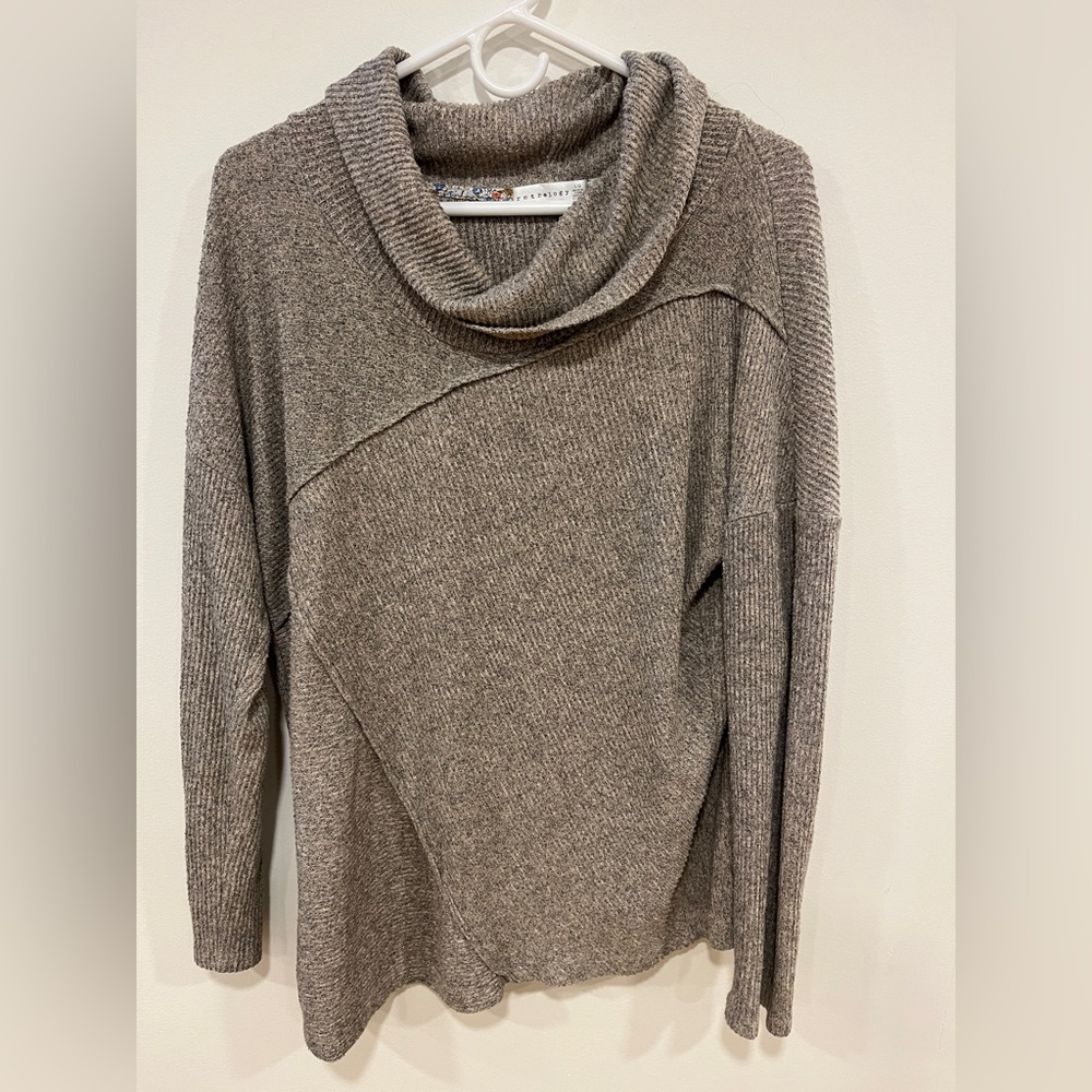 Cozy Cowl Neck Sweater in Taupe with drop shoulders asymmetric details